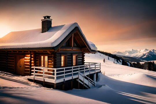A peaceful mountain cabin nestled in the snow, with a warm fire flickering in the hearth and a sense of coziness.