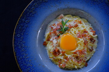 Spaghetti Carbonara Cream Sauce with egg and spaghetti with meatball, classic Italian pasta