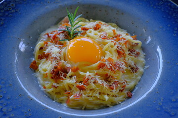 Spaghetti Carbonara Cream Sauce with egg , classic Italian pasta