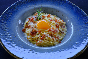 Spaghetti Carbonara Cream Sauce with egg and spaghetti with meatball, classic Italian pasta