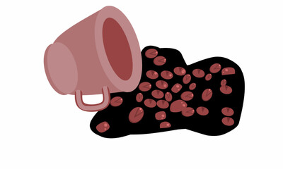 Vector illustration, coffee cup spilled with coffee beans with isolated white background 