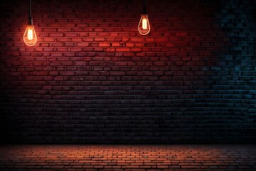 Background of an empty room with a brick wall, searchlight lights, neon light. Dark street, smoke,...