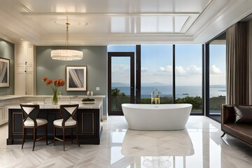 A luxurious bathroom with a freestanding bathtub and marble countertops