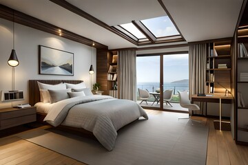 A charming attic bedroom with sloped ceilings and fairy lights