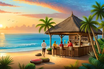 A tropical beach bar with thatched-roof umbrellas, bamboo stools, and a bartender mixing fruity cocktails.