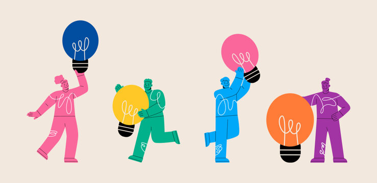 Various people with a large light bulb. Young person holding light bulb. Colorful vector illustration