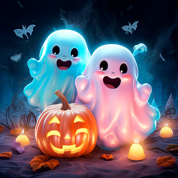 Cute pink and blue ghosts celebrate Halloween 
