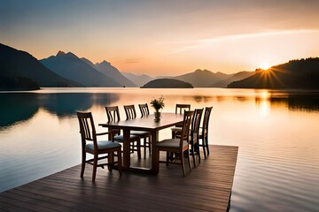 A serene lakeside dining spot with a wooden dock, a table for two, and a view of tranquil water at sunset.