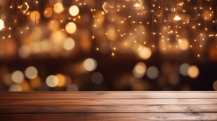 Wooden surface with golden bokeh background. Christmas and New Year card with copy space