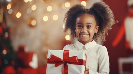 Little, African American child holding a gift box with a red ribbon and giving gifts at a holiday event, New Year and Christmas - obrazy, fototapety, plakaty