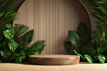 Wood pedestal podium with leaf in background for product presentation generative by ai