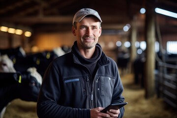 A farmer man stands in a cowshed, smiling, wearing a hat, arms crossed over his chest, using a tablet computer. - obrazy, fototapety, plakaty