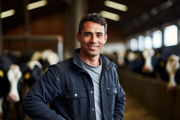 Obraz premium A farmer man stands in a cowshed, smiling, wearing a hat, arms crossed over his chest, using a tablet computer.