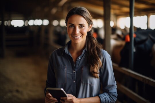 A farmer woman stands in a cowshed, smiling, arms crossed over his chest, using a tablet computer.