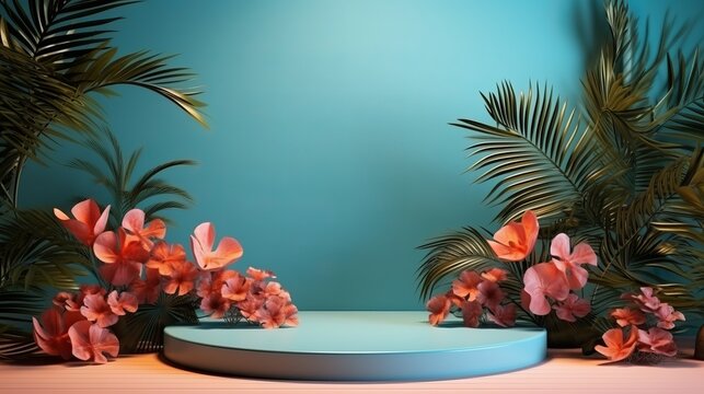 Photo of a beautifully decorated tropical round product advertising podium with vibrant flowers and lush green leaves created with Generative AI technology