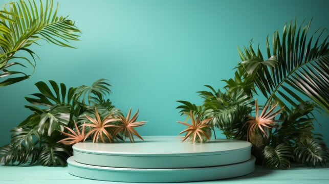 Photo of a beautifully decorated tropical round product advertising podium with vibrant flowers and lush green leaves created with Generative AI technology