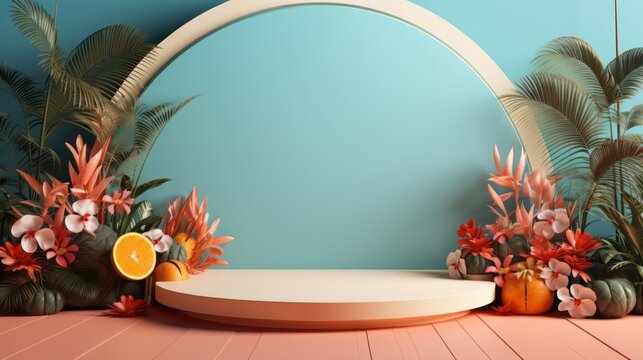 Photo of a beautifully decorated tropical round product advertising podium with vibrant flowers and lush green leaves created with Generative AI technology