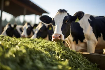 Keuken spatwand met foto Cows eat grass feed in the cow barn. cow in farm © Attasit
