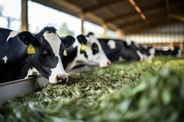 Poster Cows eat grass feed in the cow barn. cow in farm © Attasit