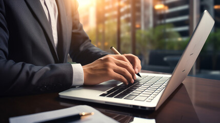 Businessman using laptop computers and touching online electronic paper to approve ISO quality document control certification and project approval concept. Generative Ai