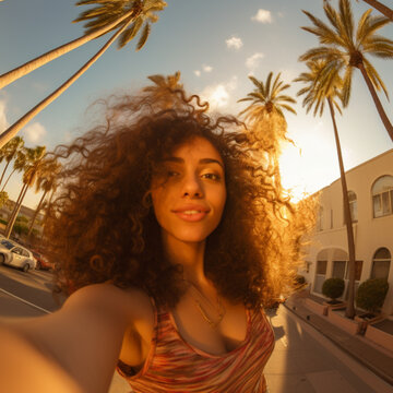 beverly hills many palm trees in background, puerto rican young woman with curly hair, golden hour, cinematic