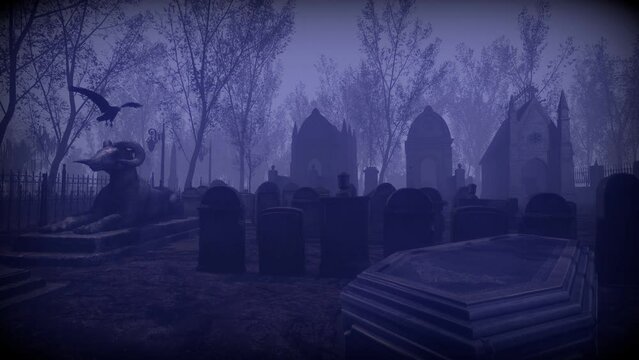 La niebla envuelve el cementerio mientras un misterioso cuervo se posa sobre un antiguo ataúd.