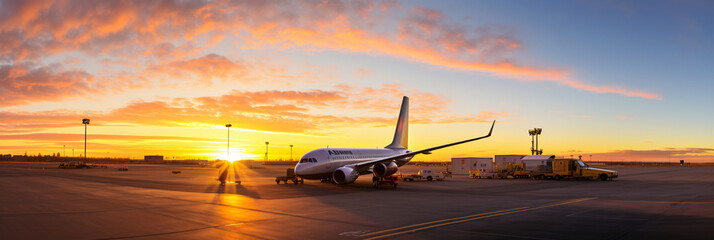 Mesmerizing View of Multiple Airplanes at Airport Basking in the Glow of a Stunning Sunset - obrazy, fototapety, plakaty