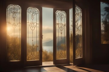 別荘での窓辺の光景