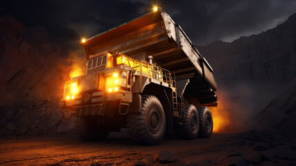 Big yellow mining truck for coal anthracite. Open pit mine industry. Generative Ai