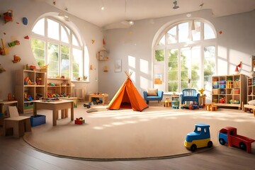 Stylish interior of modern playroom in kindergarten - obrazy, fototapety, plakaty