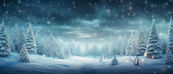 Christmas mystery wonderwood night. Snow falling, lights at deep forest meadow landscape. Magic glowing holidays illustration. Scenery. Generative ai 