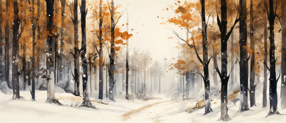 Watercolour winter forest landscape. Scenery illustration with snowy trees.  Panoramic view. Generative ai