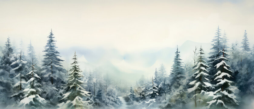 Watercolour winter forest landscape. Scenery illustration with snowy trees.  Panoramic view. Generative ai