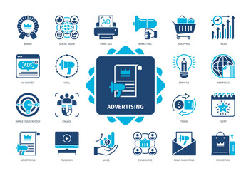 Advertising icon set. Brand, Sales, Consumers, Email Marketing, Promotion, Social Media, Web Pages, Television. Duotone color solid icons