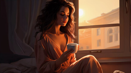 Woman holding a cup of coffee. Drink morning. A girl in a cozy house drinks a hot drink