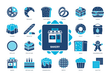 Bakery icon set. Pizza, Croissant, Toast Bread, Burger, Donut, Flour, Cake, Pudding. Duotone color solid icons