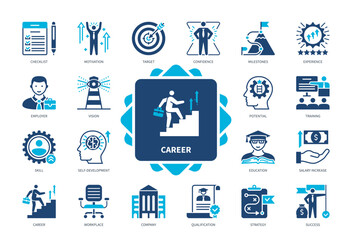 Career icon set. Target, Checklist, Self-development, Employer, Education, Salary Increase, Company, Qualification. Duotone color solid icons