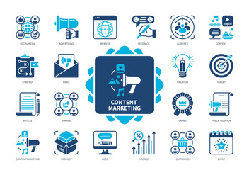 Content Marketing icon set. Website, Sharing, Advertising, Feedback, Strategy, Audience, Content, Social Media. Duotone color solid icons