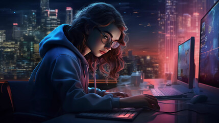 Young girl programmer writing code on the keyboard, in the office space at night