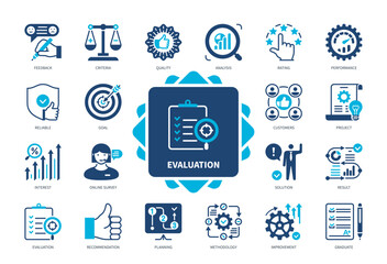 Evaluation icon set. Criteria, Assessment, Performance, Feedback, Quality, Analysis, Improvement, Online Survey. Duotone color solid icons