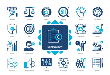 Evaluation icon set. Criteria, Assessment, Performance, Feedback, Quality, Analysis, Improvement, Online Survey. Duotone color solid icons
