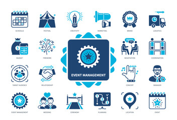 Event Management icon set. Events, Schedule, Festival, Budget, Target Audience, Coordinating, Marketing, Logistics. Duotone color solid icons