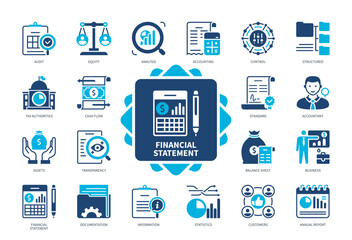 Financial Statement icon set. Accounting, Equity, Transparency, Audit, Tax Authorities, Annual Report, Customers, Documentation. Duotone color solid icons