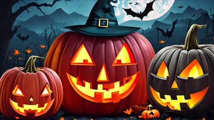 halloween background with pumpkin and bats, Generative AI