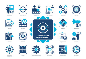 Operations Management icon set. Services, Strategy, Control, Process, Business Operations, Analysis, Resources, Goods, Efficiency. Duotone color solid icons
