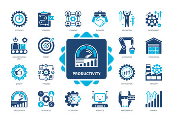 Productivity icon set. Efficiency, Strategy, Business, Technology, Growth, Automation, Manufacturing Quality, Improvement. Duotone color solid icons