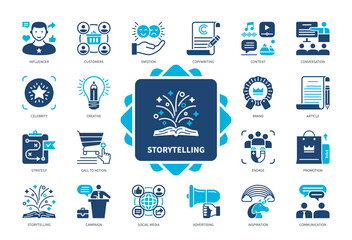 Storytelling icon set. Influencer, Customers, Communication, Social Media, Creative, Advertising, Article, Promotion. Duotone color solid icons