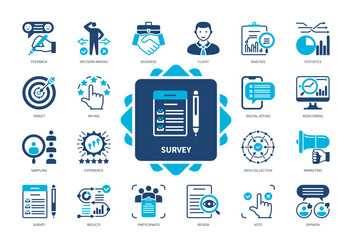 Survey icon set. Feedback, Business, Make Decision, Analysis, Marketing, Data Collection, Rating, Results. Duotone color solid icons