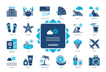 Summer icon set. Hotel, Beach, Fruits, Camera, Travel, Starfish, Tropic Island, Ice Cream. Duotone color solid icons - obrazy, fototapety, plakaty