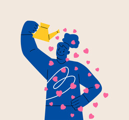 Woman showing self love and caring for self love body positive confidence concept. Colorful vector illustration